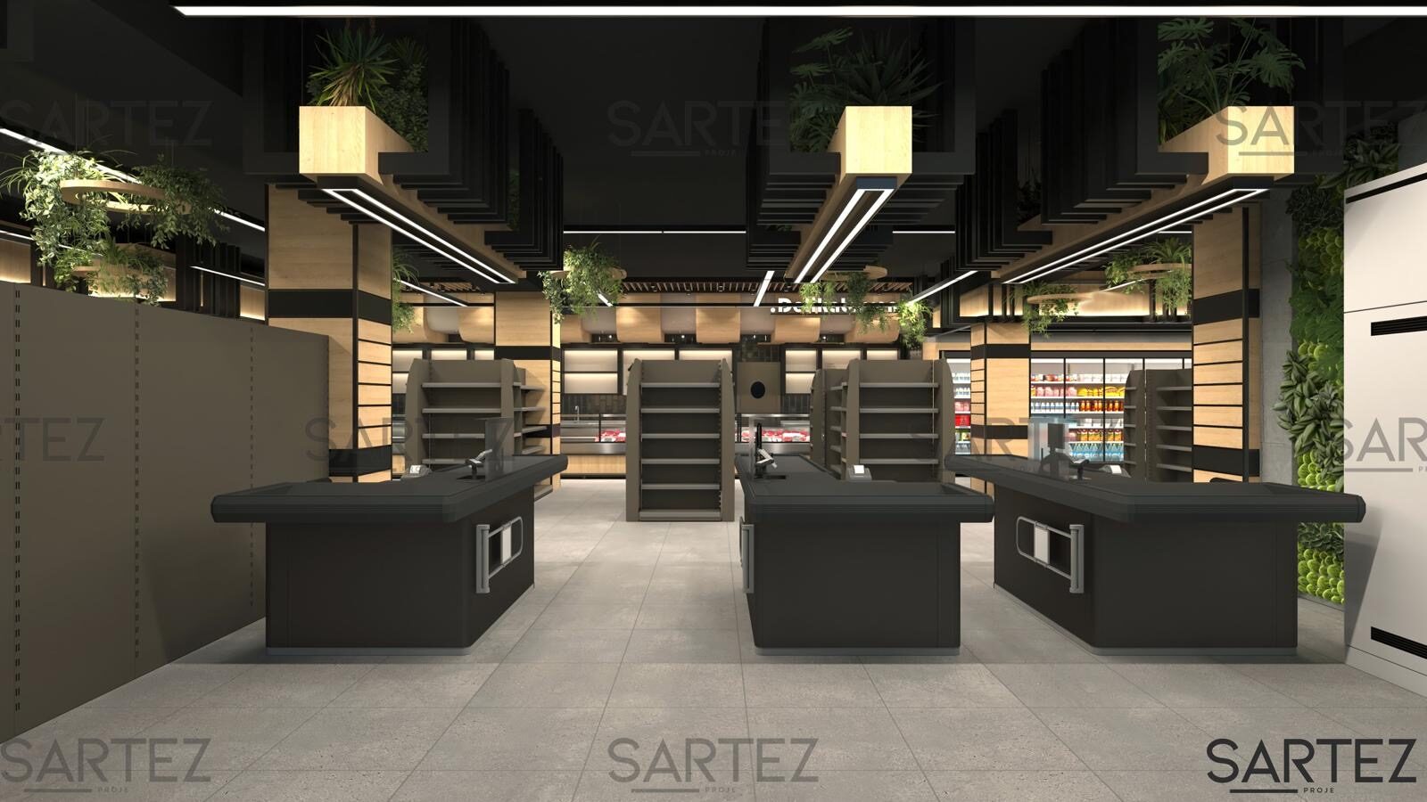 Ontwerpvisualisatie van de kassa's en het interieur van Show Market