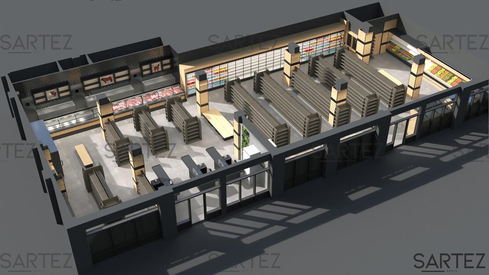 Ontwerpvisualisatie van de volledige winkelindeling van Show Market